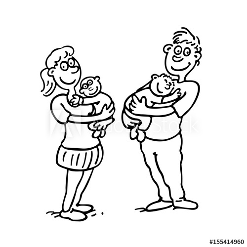 500x500 mom dad hold baby outlined cartoon drawing sketch illustration - Mother Cartoon Drawing