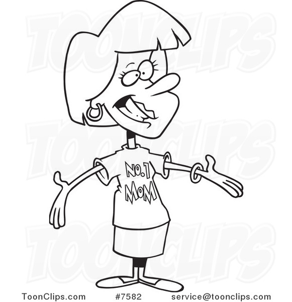581x600 Cartoon Black And White Line Drawing Of A Mother Wearing A Number - Mother Cartoon Drawing