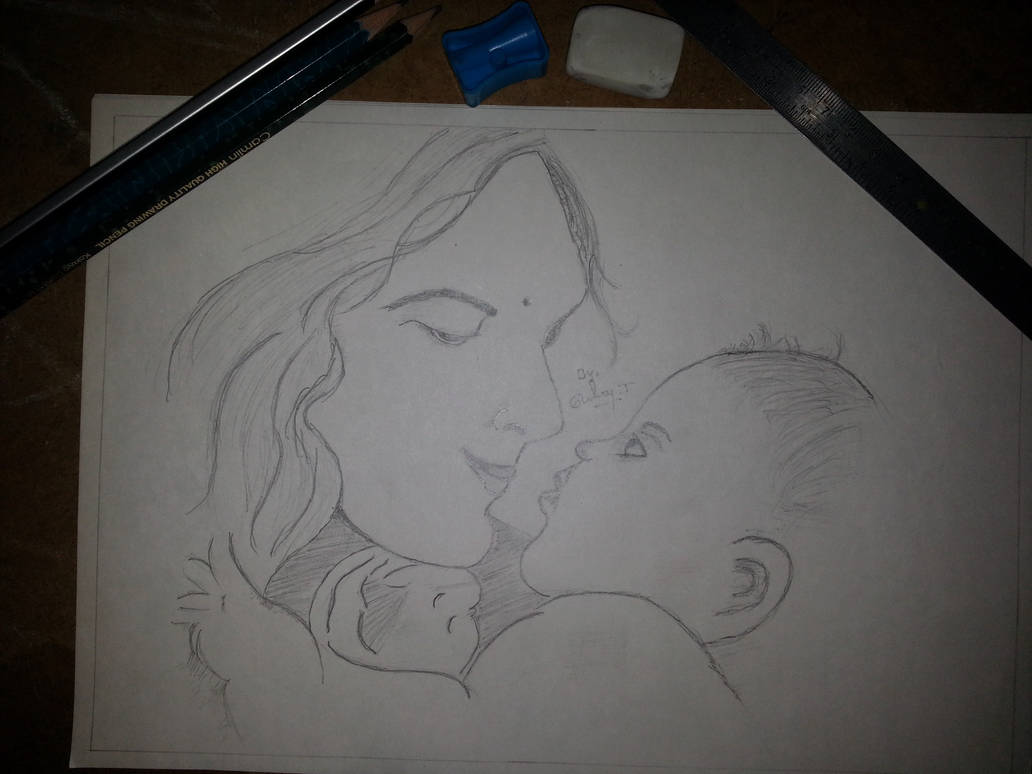 1032x774 Mother Child Pencil Drawing, Pencil Art Sketch - Mother Child Drawing
