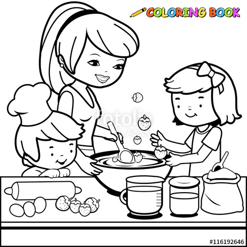 500x500 mother and children cooking in the kitchen coloring book - Mother Cooking Drawing