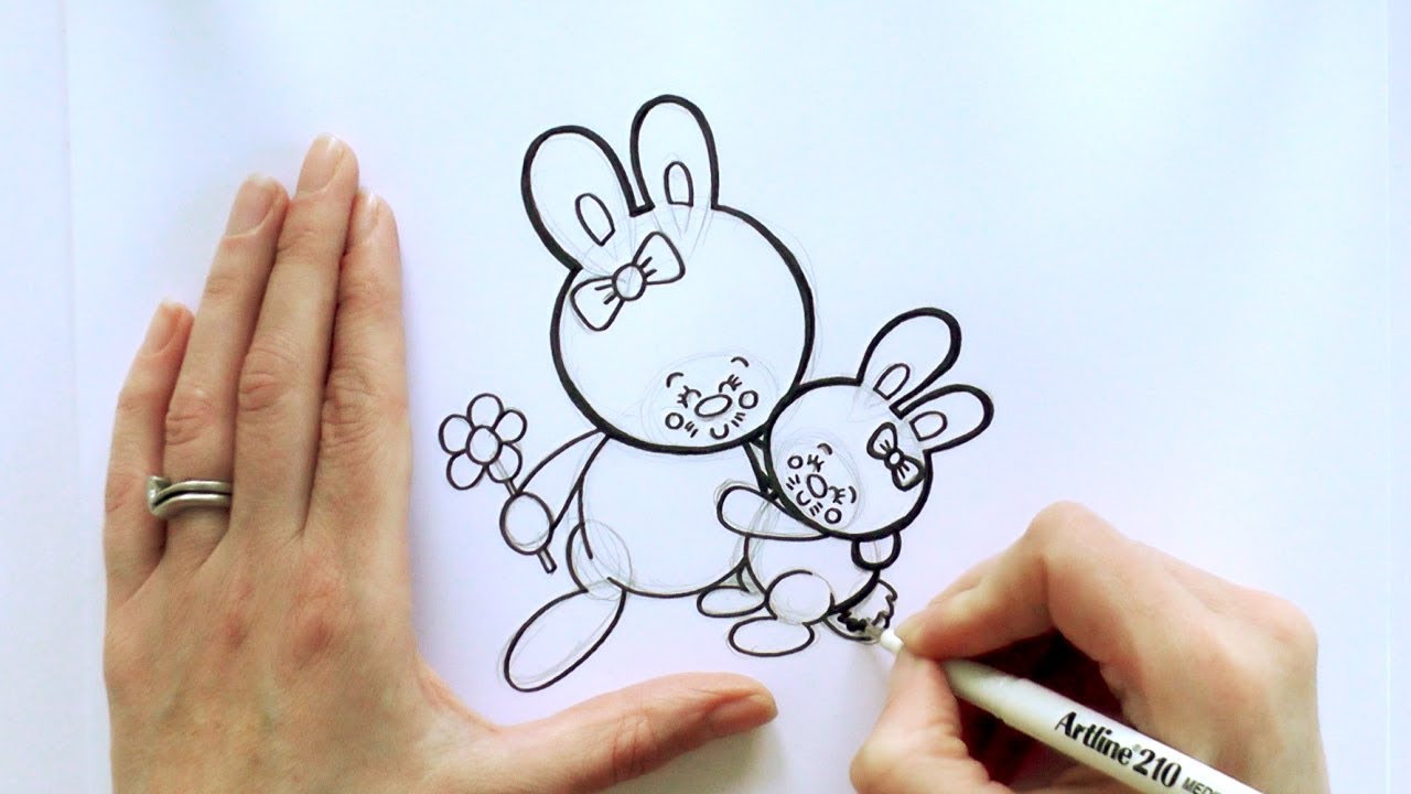 1280x720 How To Draw A Cartoon Bunny Hugging Her Mother - Mother Drawing