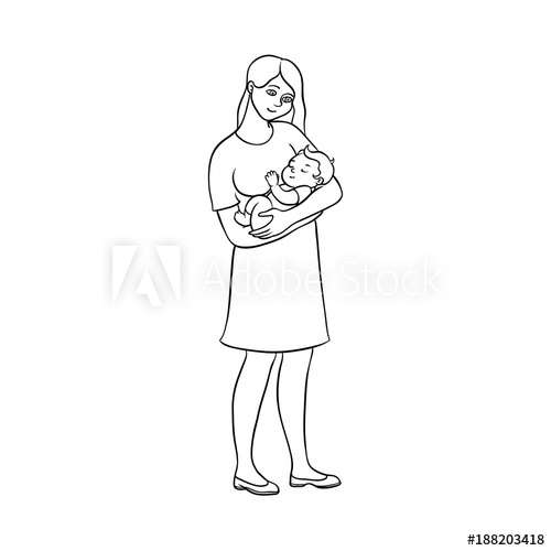 500x500 mother holding her newborn baby, son or daughter, hand drawn - Mother Holding Baby Drawing