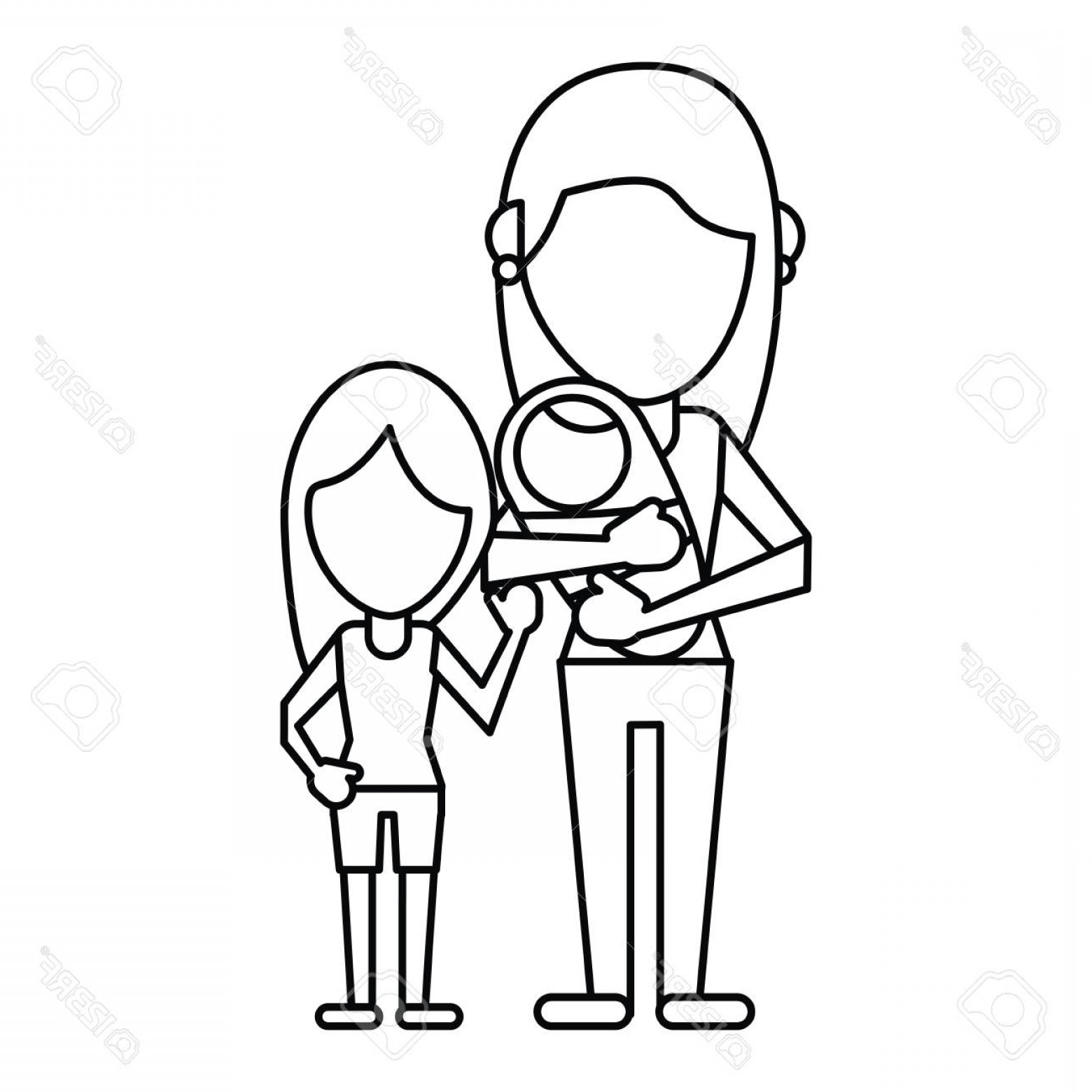 1560x1560 photostock vector mother carrying baby and daughter thin line - Mother Holding Child Drawing