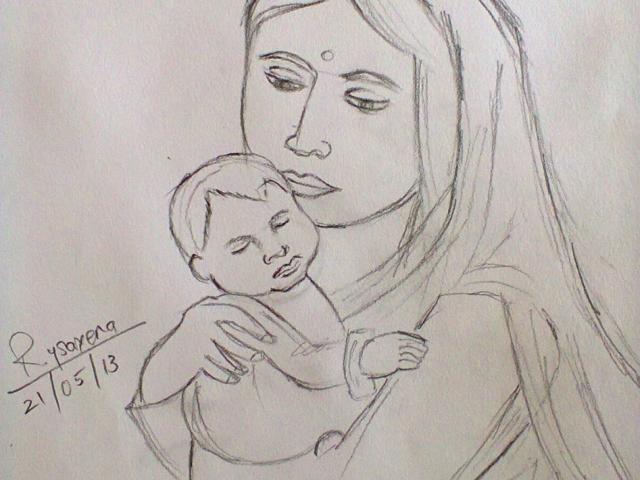 640x480 Mother And Child Drawing - Mother With Child Drawing