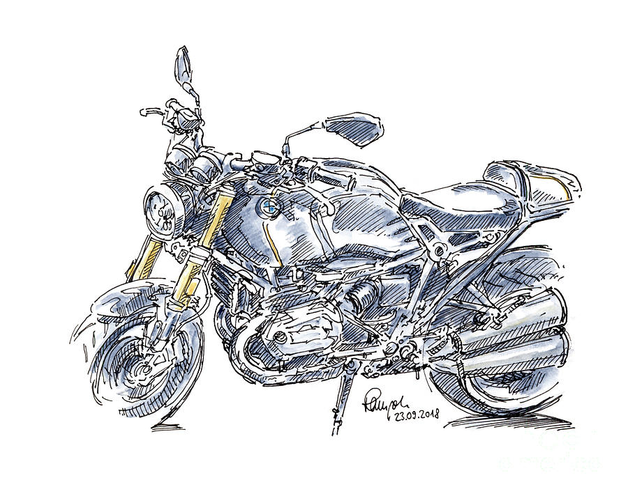900x712 bmw r nine t motorcycle ink drawing and watercolor drawing - Motorbike Drawing