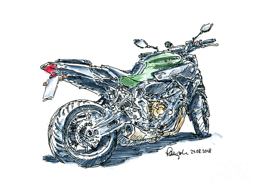 900x652 yamaha mt motorcycle ink drawing and watercolor drawing - Motorbike Drawing