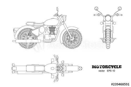 500x334 Retro Classic Motorcycle In Outline Style Side, Top And Front - Motorbike Drawing Outline