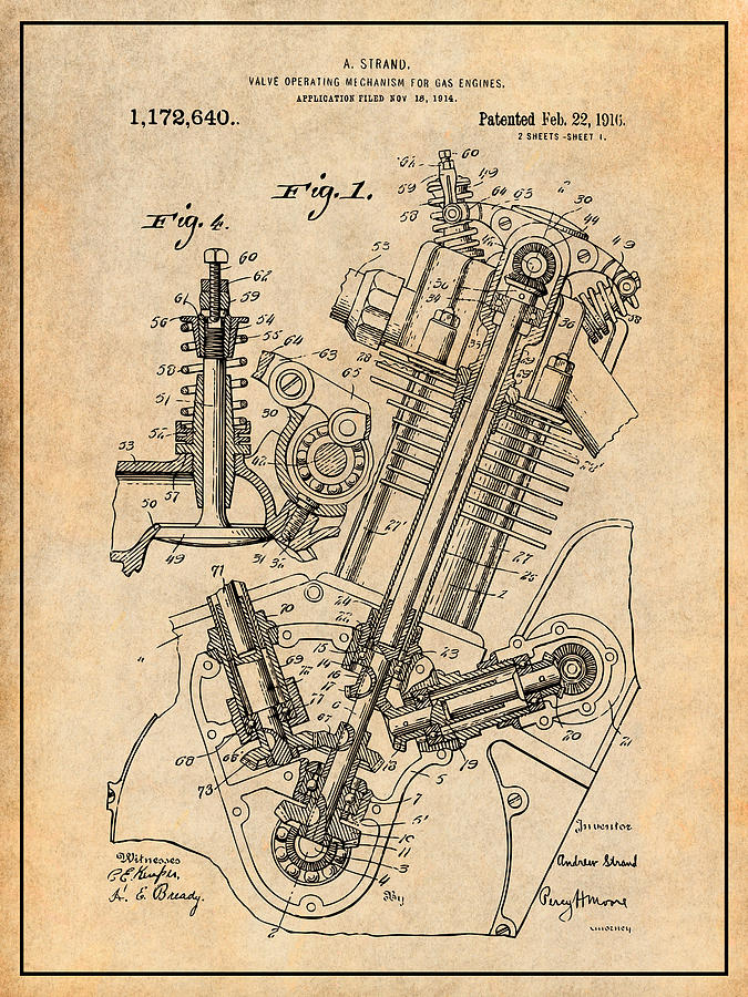 675x900 strand ohc motorcycle engine antique paper patent print - Motorcycle Engine Drawing