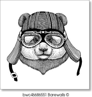 362x382 Panda Bear, Bamboo Bear Hand Drawn Image Of Animal Wearing - Motorcycle Helmet Drawing