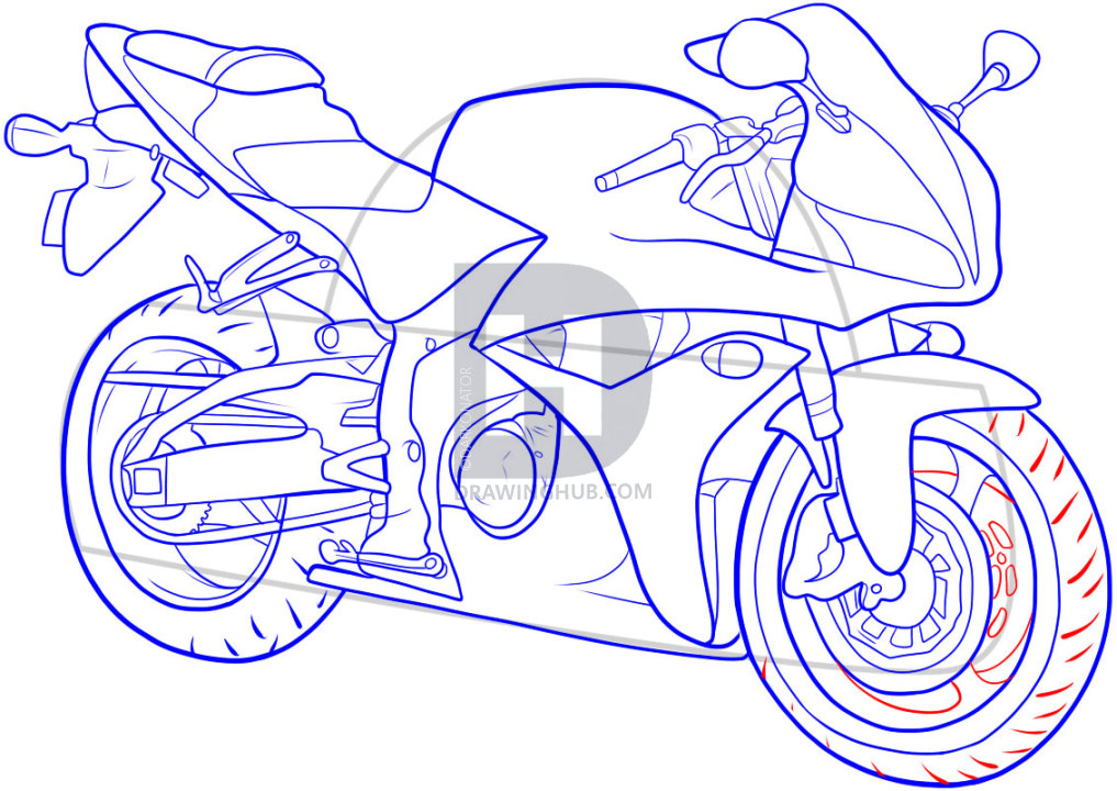 1017x720 How To Draw A Motorbike, Step - Motorcycle Line Drawing
