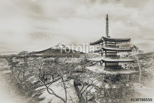 500x334 mount fuji, chureito pagoda pencil drawing effect stock photo - Mount Fuji Drawing