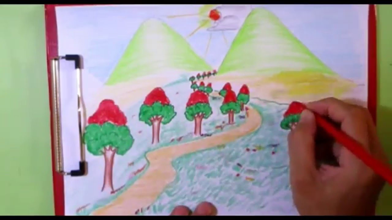 1280x720 how to draw mountain, sun and trees kids drawing scenery - Mountain And Sun Drawing