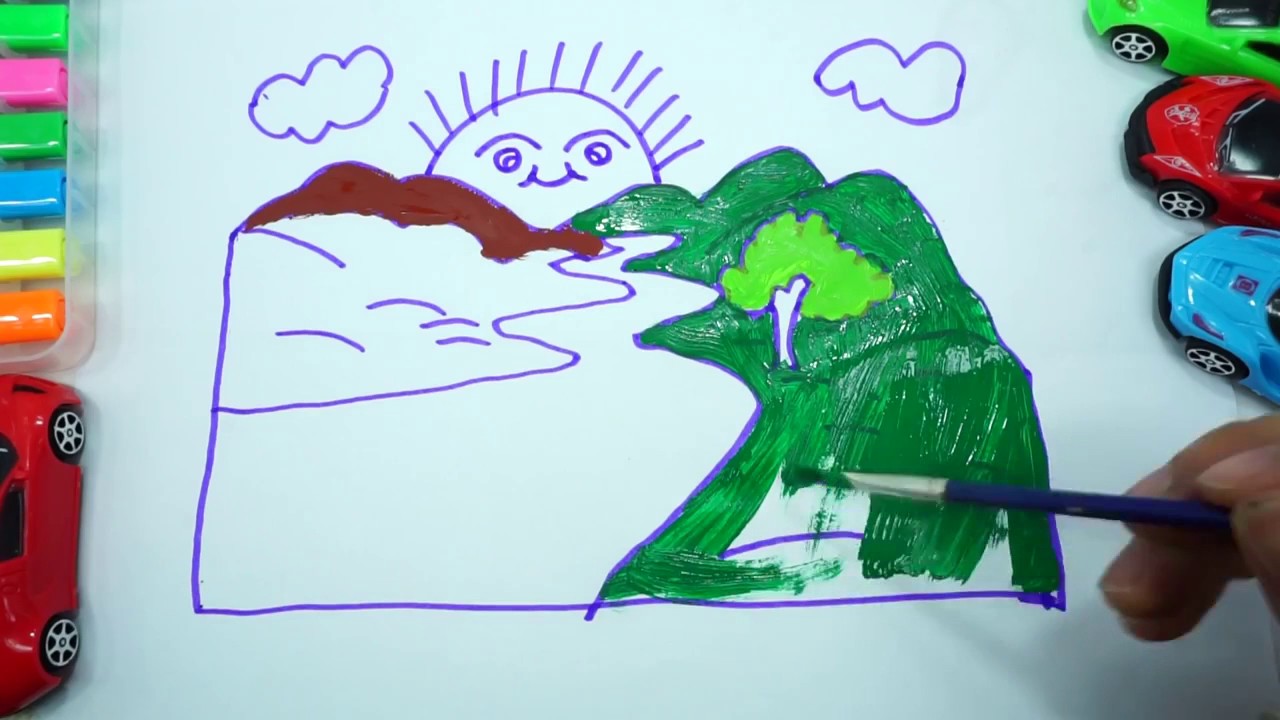 1280x720 draw river, mountain, sun for kids how to paint with water color - Mountain And Sun Drawing
