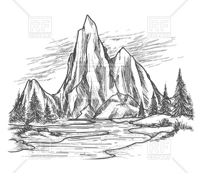 400x346 mountain lake landscape, view with forest pine trees vector image - Mountain And Trees Drawing