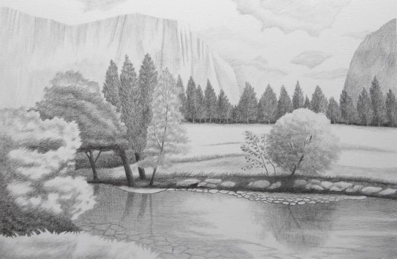 570x372 mountain view original landscape graphite drawing etsy - Mountain And Trees Drawing