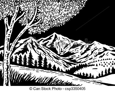 450x357 Illustration Of A Mountain Scene With Tree In Foreground Doen - Mountain Black And White Drawing