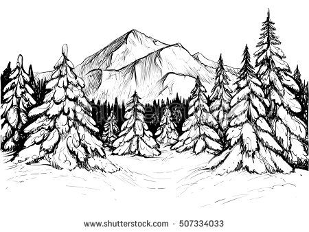 450x338 Winter Forest Sketch Black And White Vector Illustration Of Snowy - Mountain Black And White Drawing