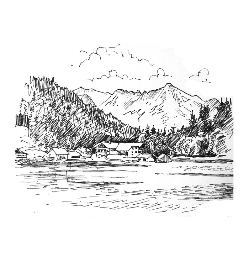 794x836 Black And White Sketch Pencil Drawinggermany Mountain Lake Etsy - Mountain Black And White Drawing