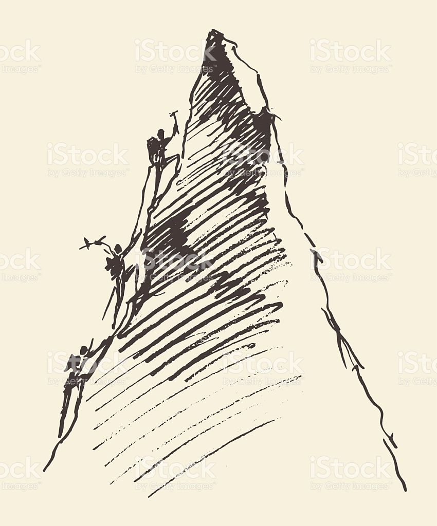 850x1024 sketch of a people climbing on a mountain peak, vector - Mountain Climbing Drawing