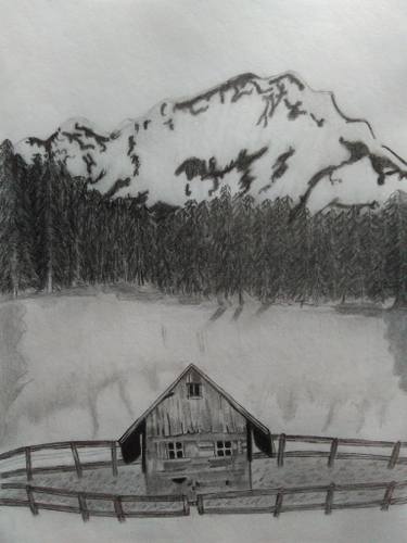 375x500 house near lake and mountain drawing - Mountain Drawing