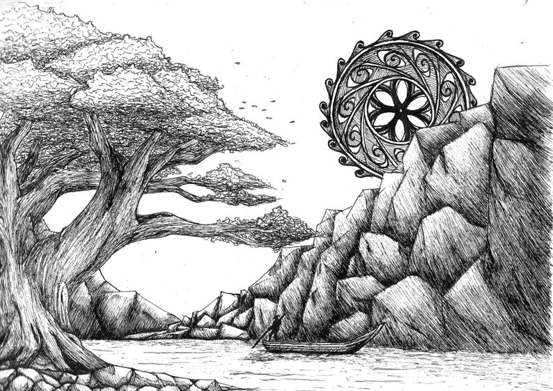 794x561 landscape drawing giclee print japanese art landscape etsy - Mountain Drawing Black And White