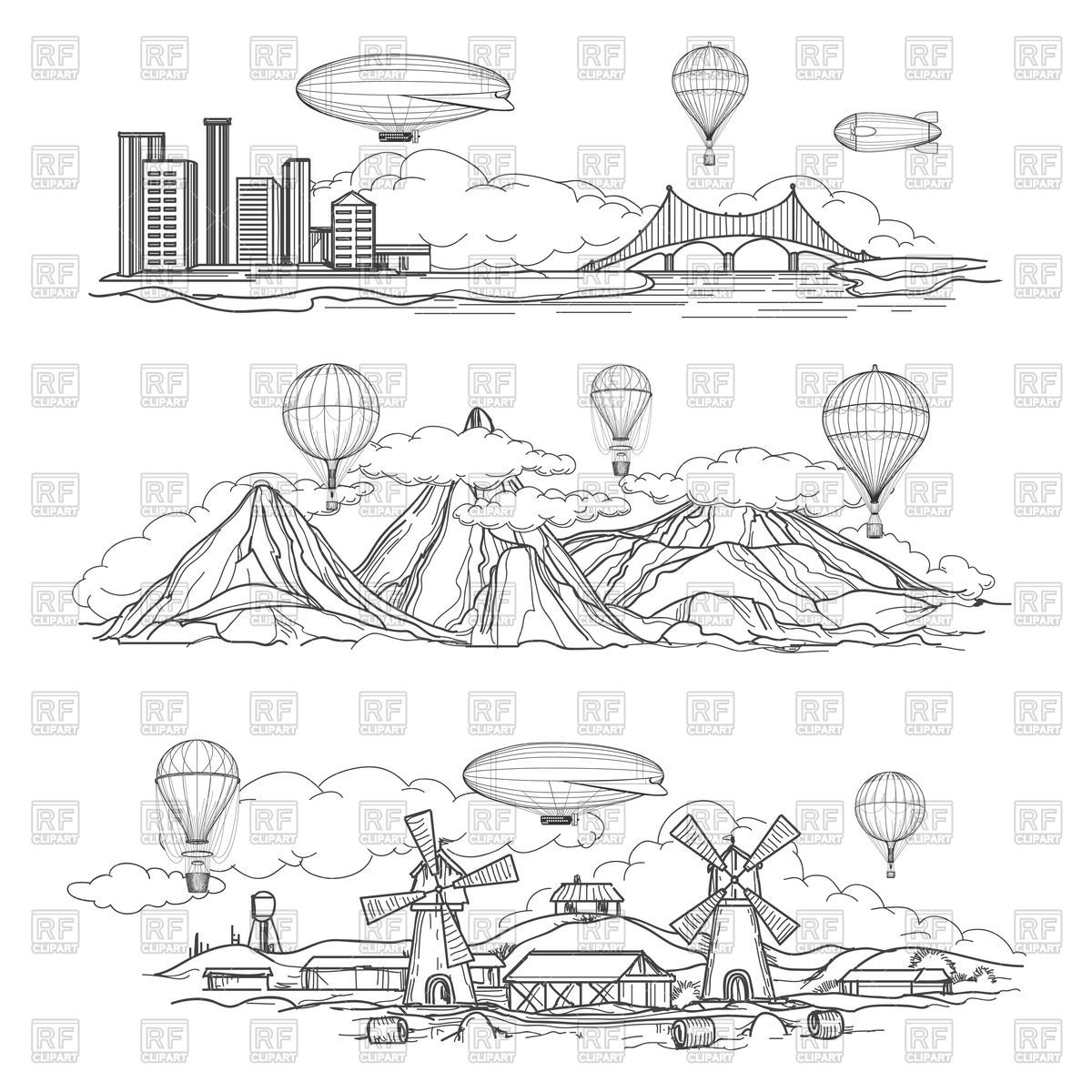1200x1200 Vector Landscape Outline Drawing Beautiful Set Of Landscape - Mountain Drawing Outline