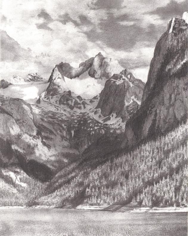 631x790 mountain lake, pencil drawing, landscape art line - Mountain Lake Drawing