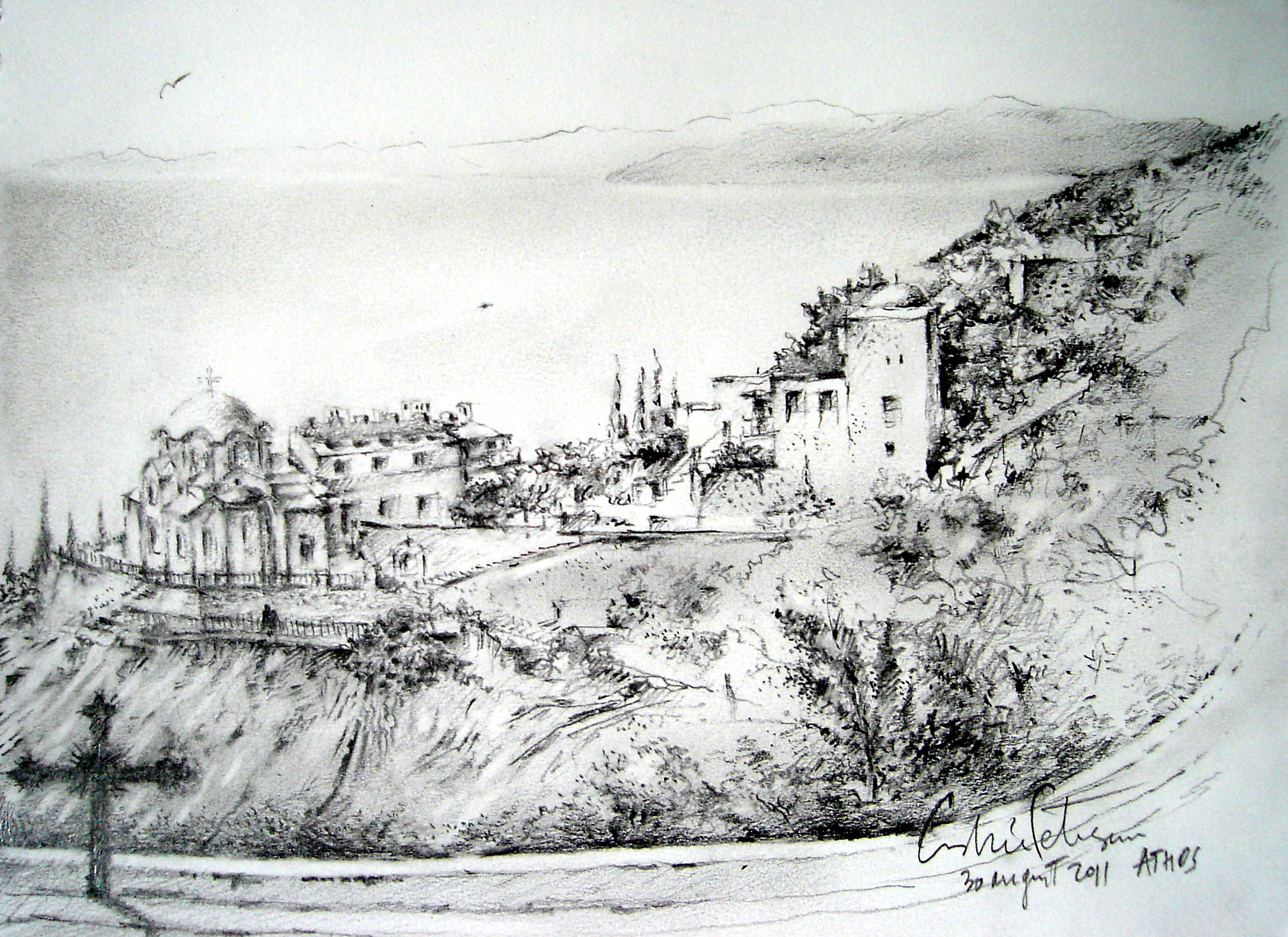 2029x1476 Filest George Cloister In Athos Mountain - Mountain Pencil Drawing