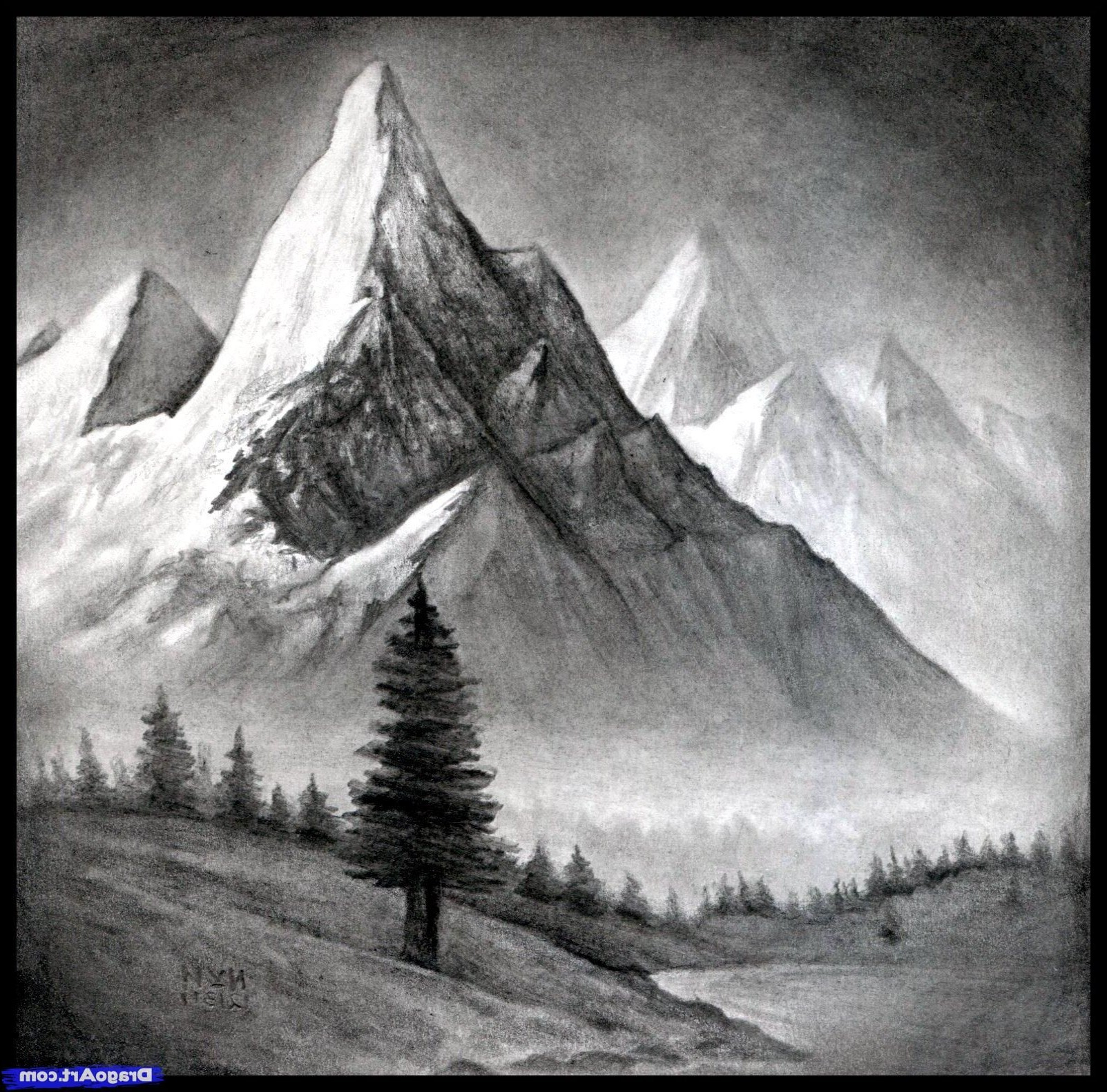 1603x1582 Realistic Landscape Drawing In Pencil And How To Draw Realistic - Mountain Pencil Drawing