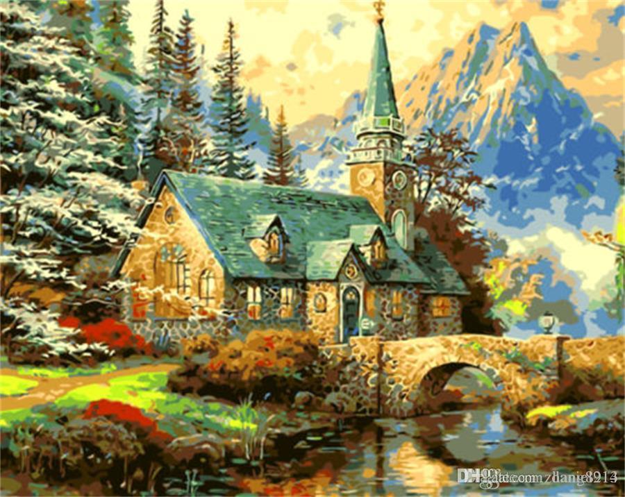 900x716 inches house near mountain scenery diy paint on canvas - Mountain Scenery Drawing