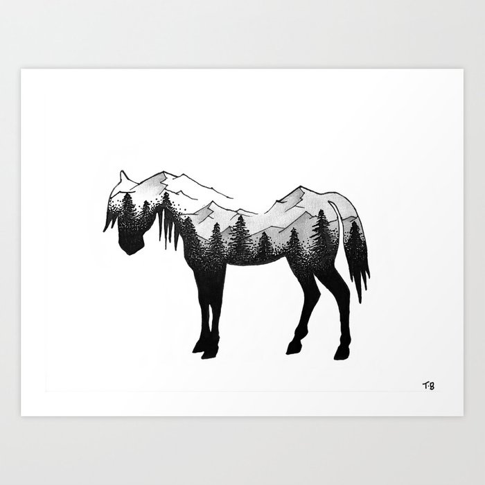 700x700 Horse And Mountains Silhouette Art Print - Mountain Silhouette Drawing