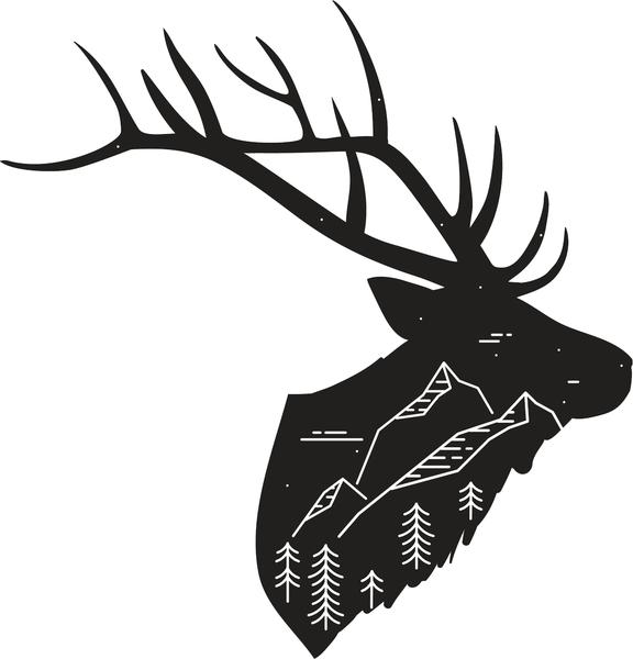 576x600 cool moose silhouette with forest mountain drawing vinyl sticker - Mountain Silhouette Drawing
