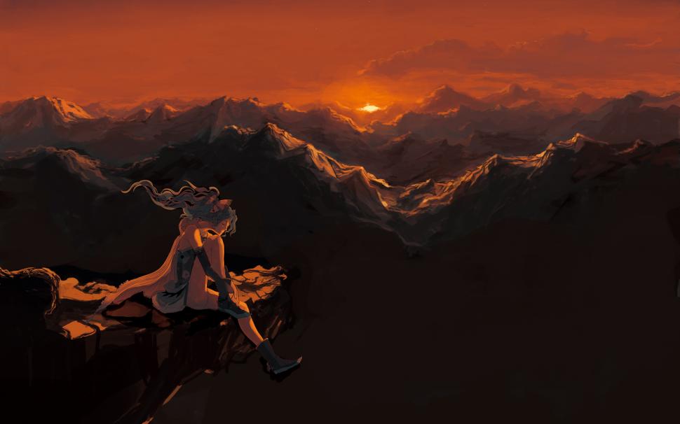 970x606 Anime Sunset Mountains Drawing Landscape Hd Wallpaper Anime - Mountain Sunset Drawing