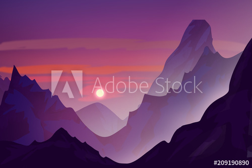 500x334 Snowy Mountains In The Evening Sunset Digital Drawing - Mountain Sunset Drawing