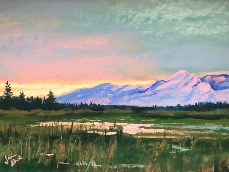 794x596 Sun Down In The Valley Original Pastel Drawing - Mountain Sunset Drawing