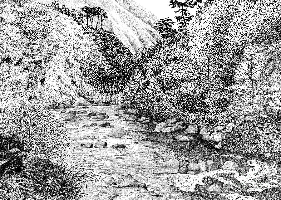 900x641 mountain stream at iao valley maui drawing - Mountain Valley Drawing