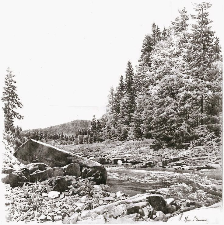 736x740 mountain valley, pencil drawing - Mountain Valley Drawing