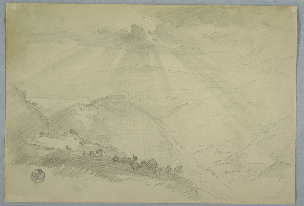1024x694 drawing, sun bursting through clouds over a mountain valley - Mountain Valley Drawing