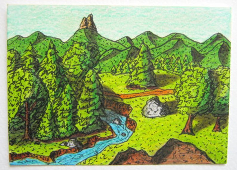 794x569 Landscape Art Print Green Forest And A Stream In The Etsy - Mountain View Drawing