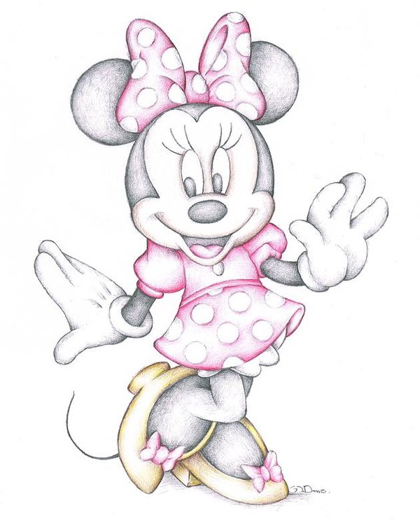 600x749 Minnie Mouse Disney Cartoon Colour Pencil Drawing Poster - Mouse Pencil Drawing