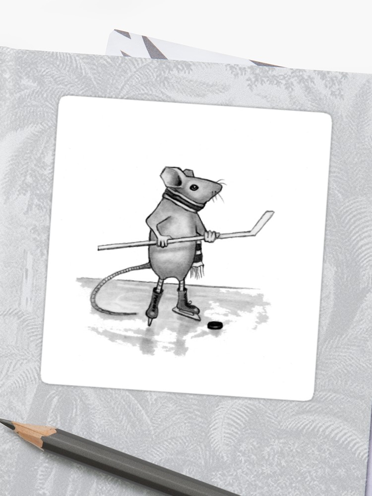 750x1000 mouse playing hockey, pencil drawing sticker - Mouse Pencil Drawing
