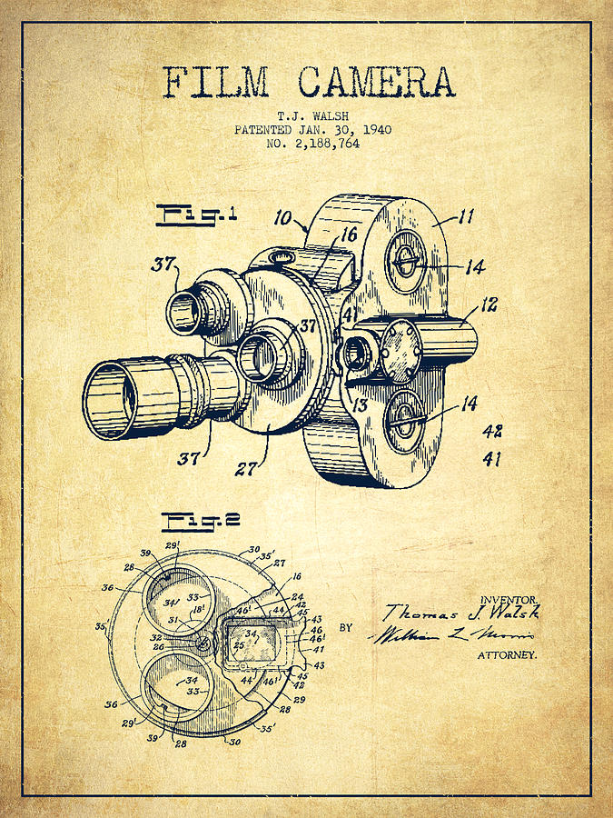 675x900 Film Camera Patent Drawing From Digital Art - Movie Camera Drawing