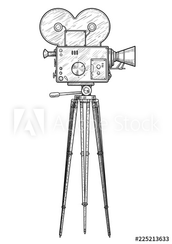 354x500 movie camera illustration, drawing, engraving, ink, line art - Movie Camera Drawing