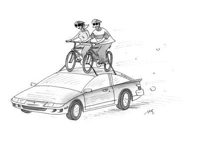 400x300 man and woman ride bicycles that are in a bike rack on top - Moving Car Drawing