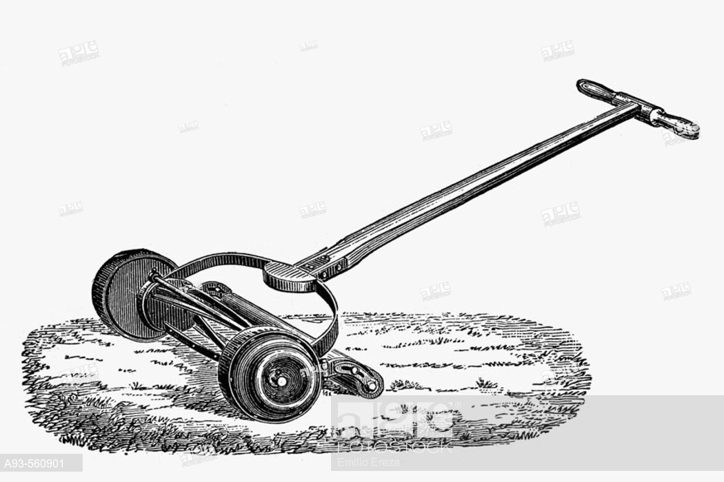 1050x700 lawn mower antique drawing, ca stock photo, picture - Mower Drawing