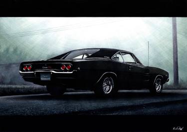 375x266 classic muscle car dodge charger in black during fog drawing - Muscle Car Drawings