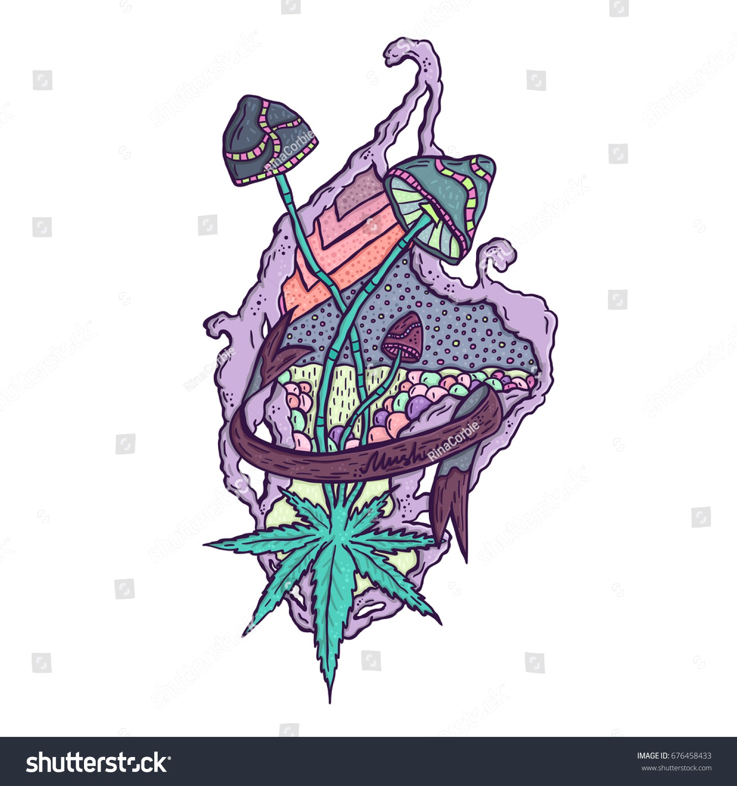 1500x1600 stock vector isolated trippy illustration mushrooms and weed - Mushroom Cartoon Drawing