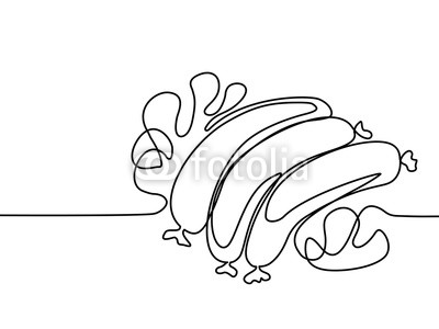 400x300 continuous line drawing fried sausages with lettuce leaves - Mushroom Line Drawing