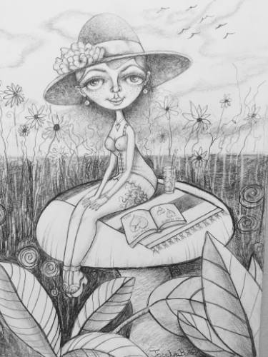 375x500 Girl On Mushroom - Mushroom Pencil Drawing