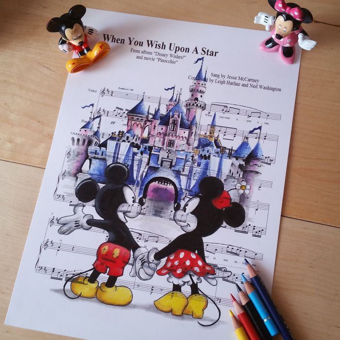 700x700 i draw scenes from famous animated movies on music sheets of their - Music Drawings